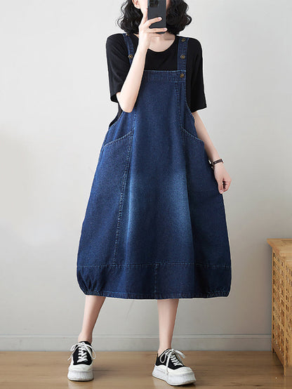 Women Summer Solid Worn Demin Suspender Dress