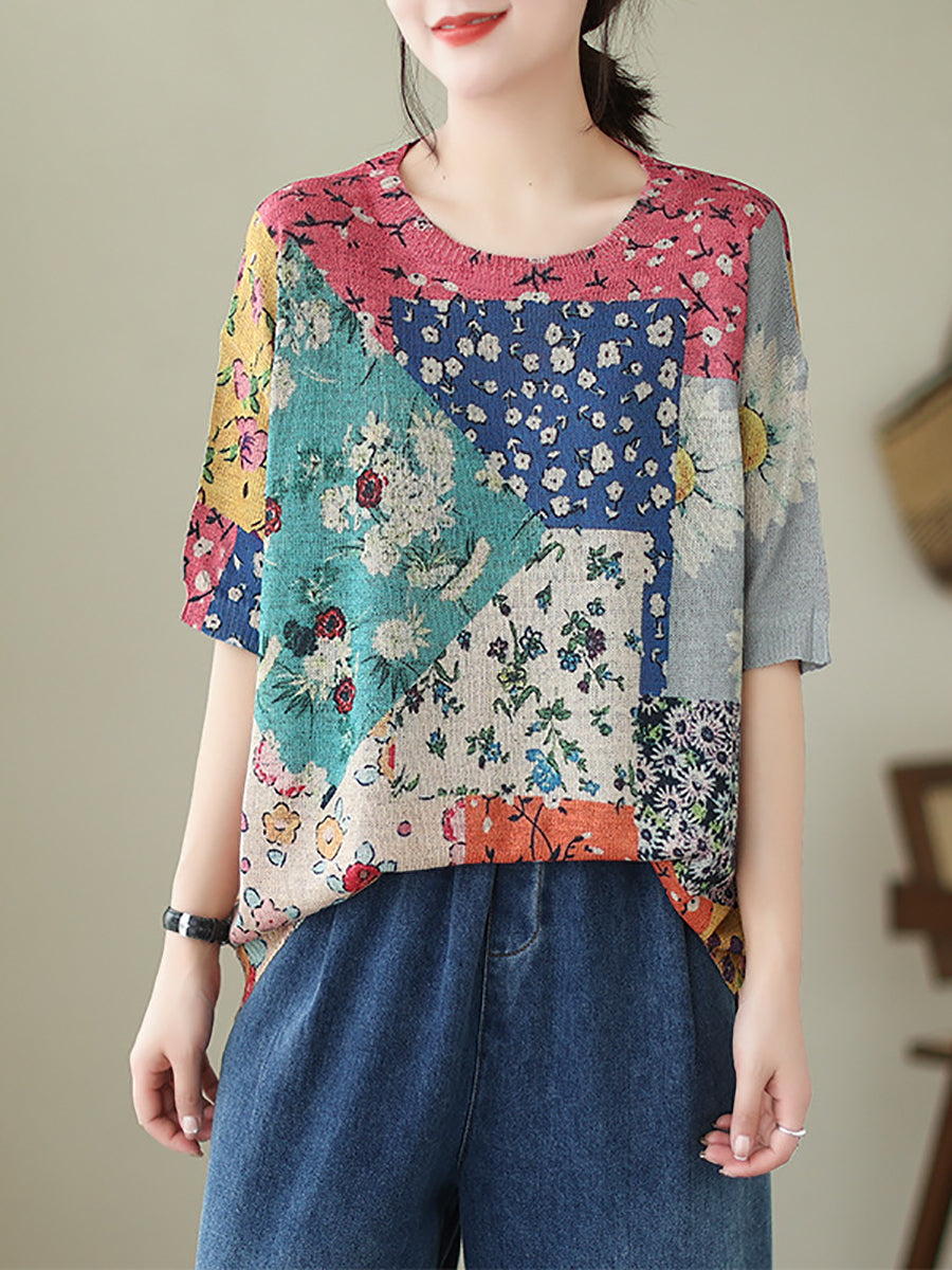 Women Summer Vintage Floral Patch Spliced Pullover Shirt