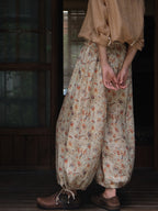 Women Summer Artsy Floral Lacework Drawstring Linen Bloomers