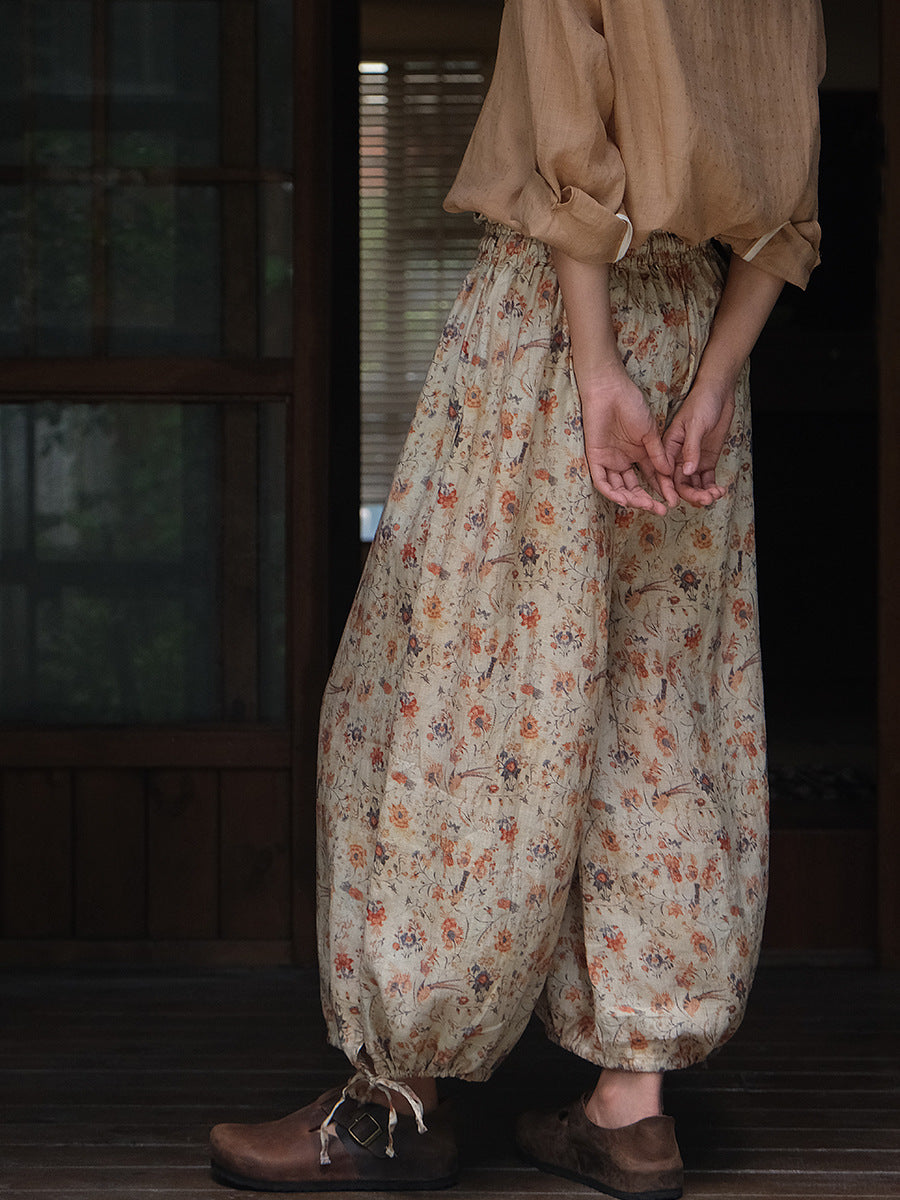 Women Summer Artsy Floral Lacework Drawstring Linen Bloomers