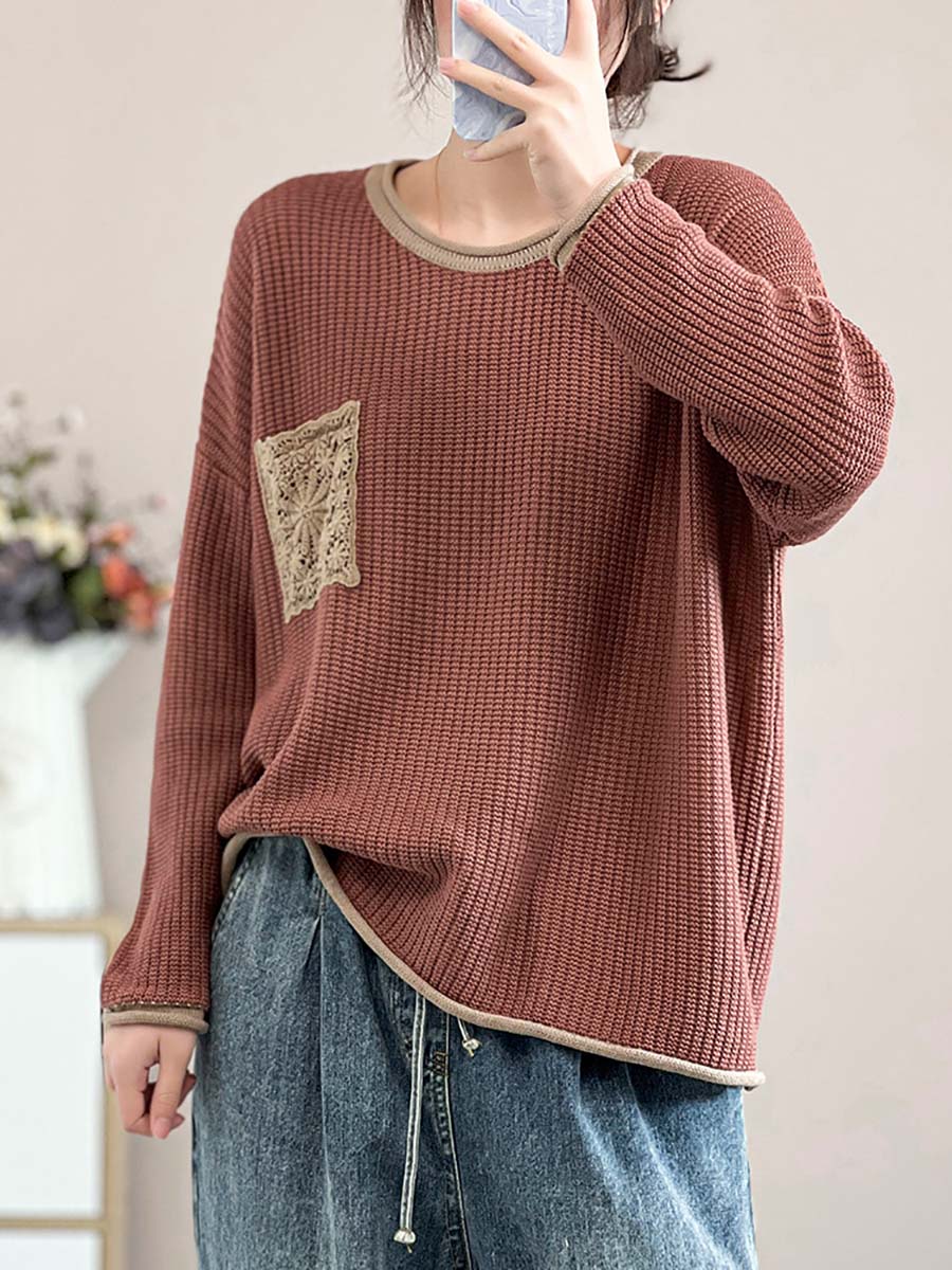 Women Artsy Spring Knitted Lace Patch Loose Sweater