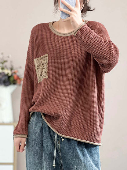Women Artsy Spring Knitted Lace Patch Loose Sweater