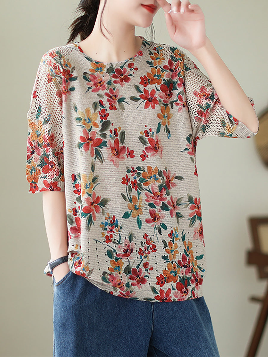 Women Summer Vintage Floral Loose Knitted Shirt