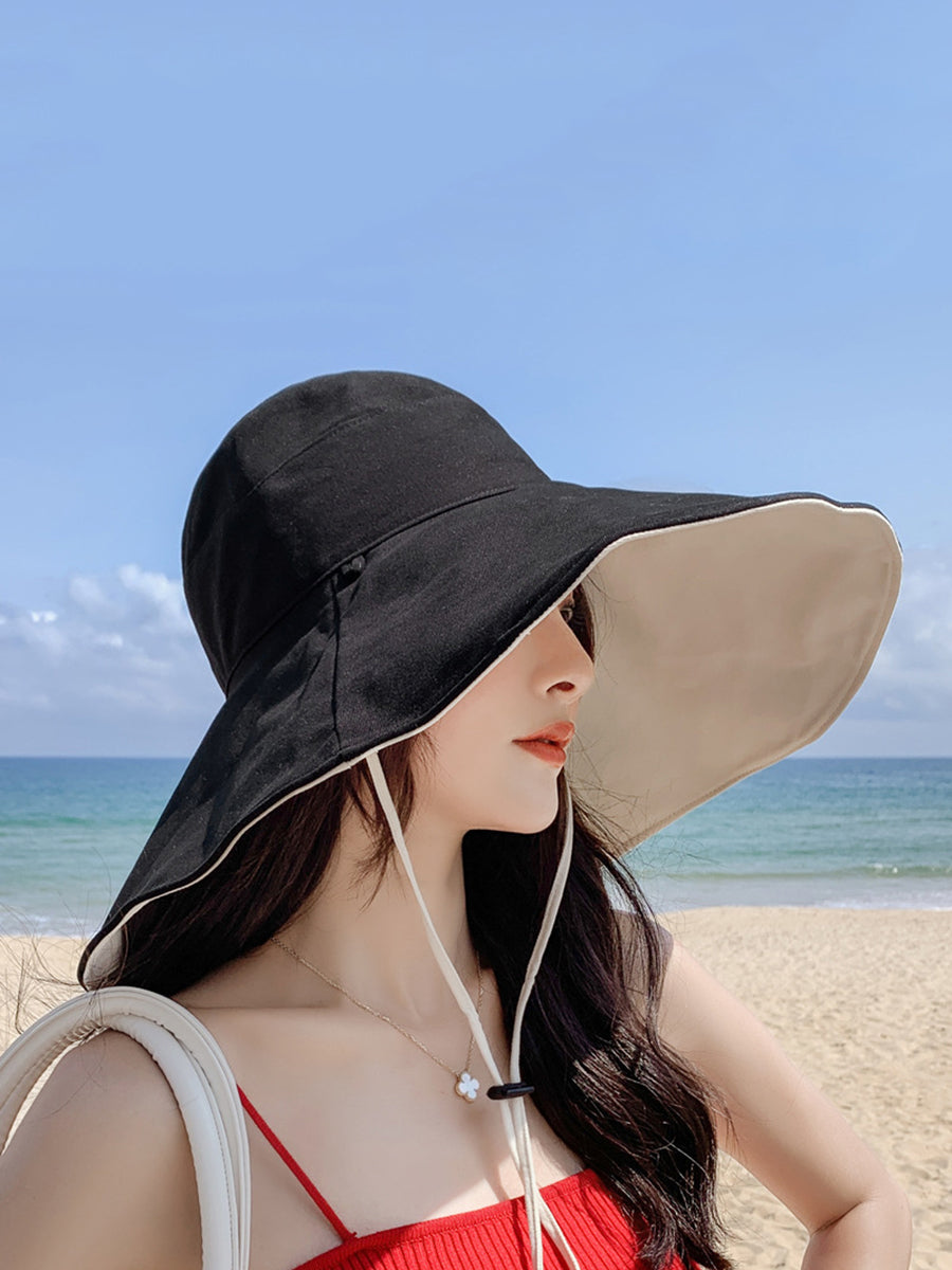 Women Fashion Solid Large-brim Drawstring Sunproof Hat