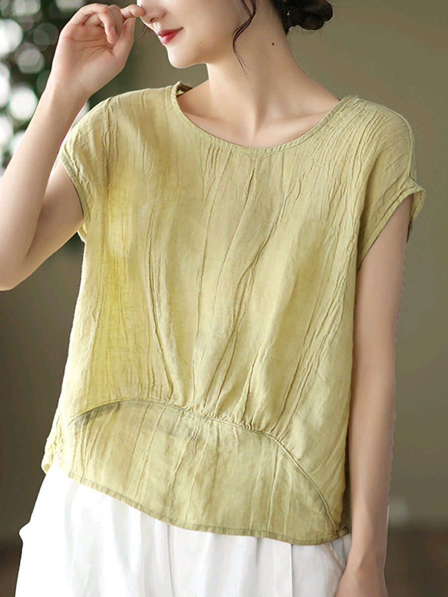 Women Casual Summer Stitching Crease Ramie Shirt