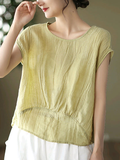 Women Casual Summer Stitching Crease Ramie Shirt