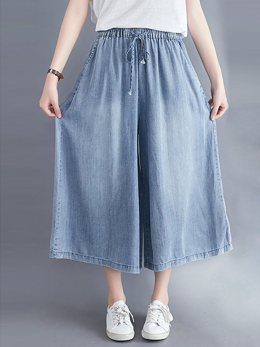 Women Casual Solid Washed Drawstring Wide-leg Denim Pants