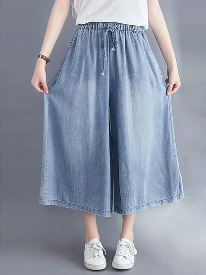 Women Casual Solid Washed Drawstring Wide-leg Denim Pants