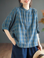 Women Retro Plaid Button Batwing Sleeve Cotton Shirt