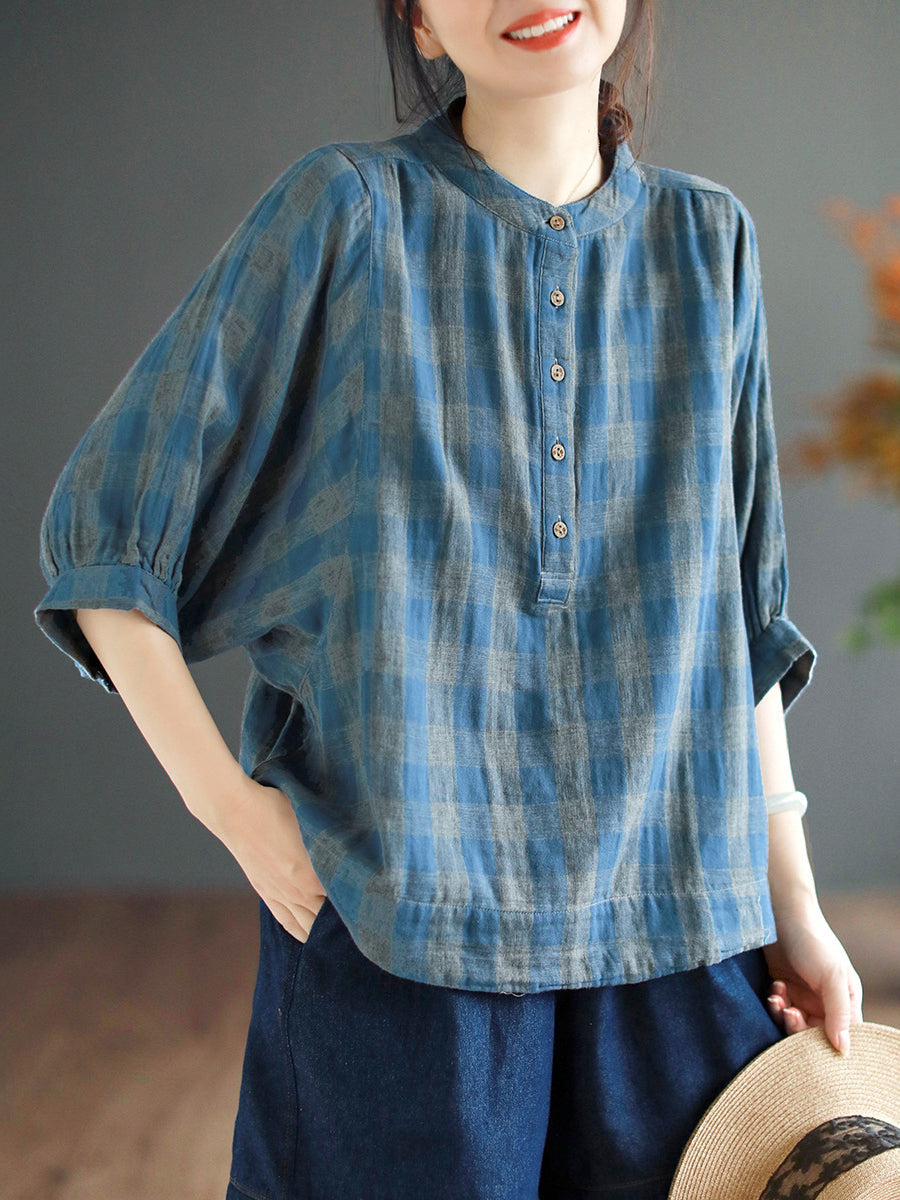 Women Retro Plaid Button Batwing Sleeve Cotton Shirt