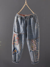 Load image into Gallery viewer, Women Summer Retro Embroidery Spliced Burrs Denim Pants