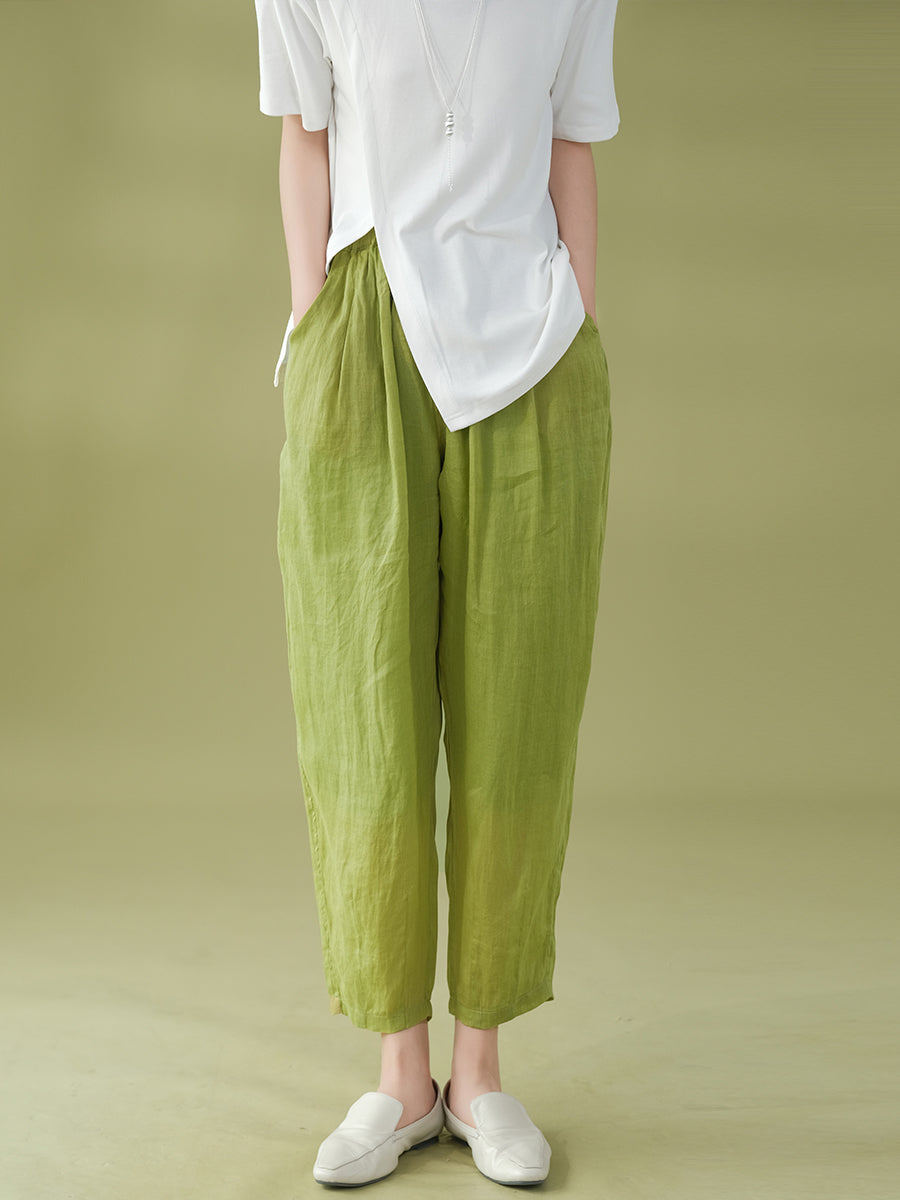 Women Summer Solid Pleat Pocket Thin Ramie Harem Pants