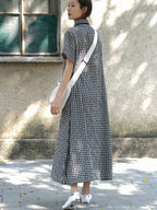 Women Summer Vintage Plaid Frog Loose Dress