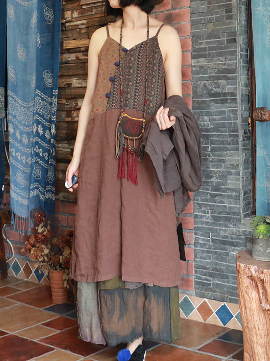 Women Retro Ethnic Spliced Frog V-Neck Slip Dress