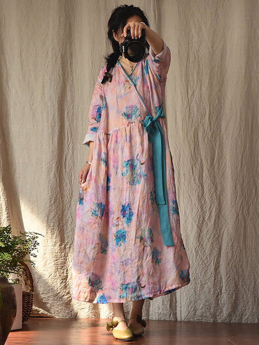 Women Vintage Flower Drwastring V-Neck Loose Ramie Dress