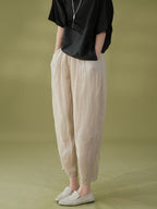 Women Summer Solid Pleat Pocket Thin Ramie Harem Pants