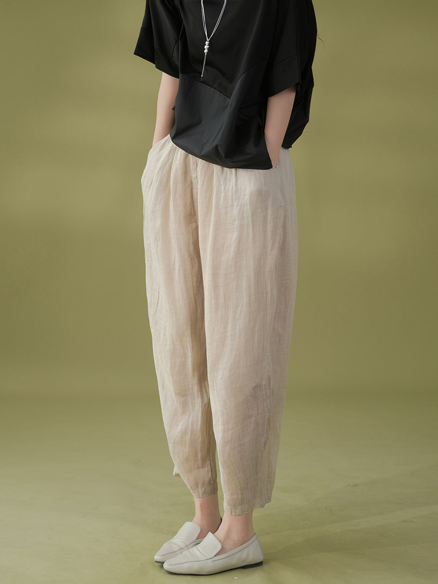 Women Summer Solid Pleat Pocket Thin Ramie Harem Pants