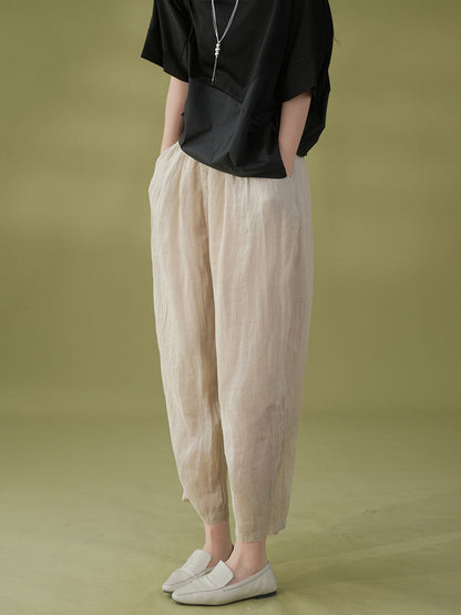 Women Summer Solid Pleat Pocket Thin Ramie Harem Pants