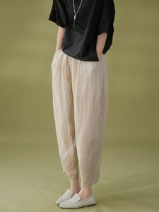 Women Summer Solid Pleat Pocket Thin Ramie Harem Pants