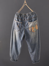 Load image into Gallery viewer, Women Summer Retro Embroidery Spliced Burrs Denim Pants