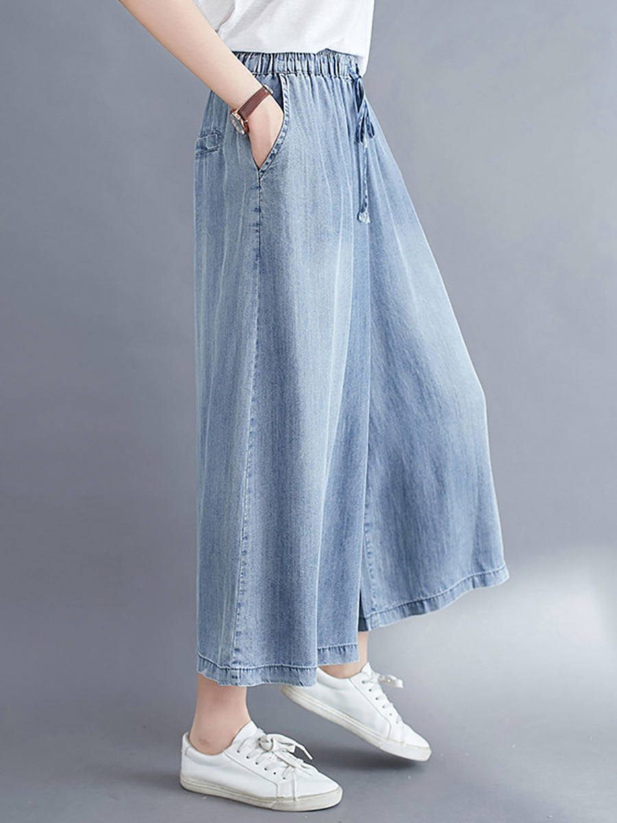 Women Casual Solid Washed Drawstring Wide-leg Denim Pants