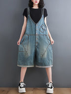 Women Casual Solid Washed Pocket V-Neck Denim Jumpsuits
