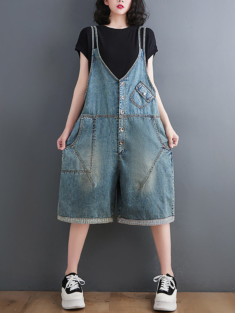 Women Casual Solid Washed Pocket V-Neck Denim Jumpsuits