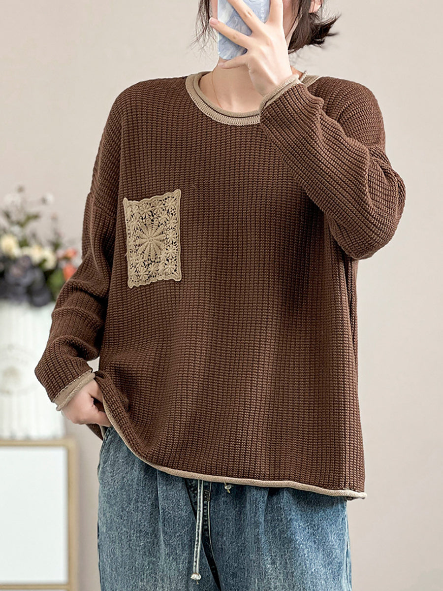 Women Artsy Spring Knitted Lace Patch Loose Sweater