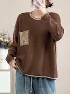 Women Artsy Spring Knitted Lace Patch Loose Sweater