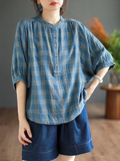 Women Retro Plaid Button Batwing Sleeve Cotton Shirt