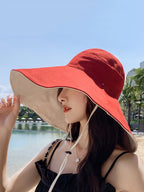 Women Fashion Solid Large-brim Drawstring Sunproof Hat