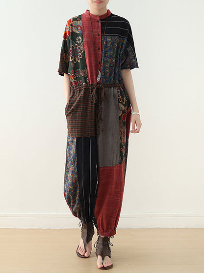 Women Summer Vintage Patchwock Drawstring Linen Jumpsuits