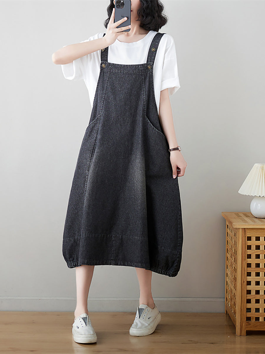 Women Summer Solid Worn Demin Suspender Dress