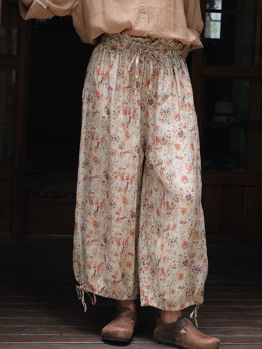 Women Summer Artsy Floral Lacework Drawstring Linen Bloomers