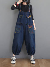 Load image into Gallery viewer, Women Casual Retro Print Pocket Loose Spliced Denim Jumpsuits