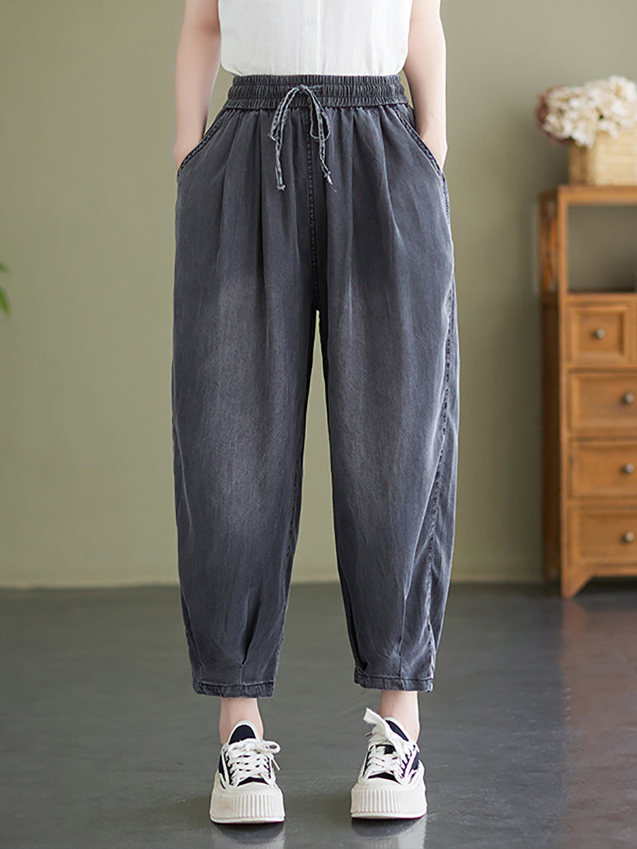 Women Summer Worn Solid Pleat Loose Pocket Denim Pants