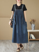 Load image into Gallery viewer, Women Summer Retro Pleat Drawstring Pocket Denim Dress