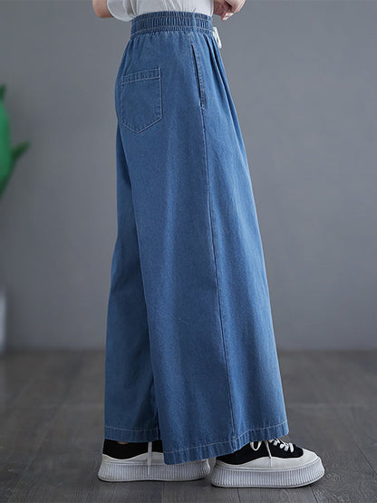 Women Summer Thin Solid Drawstring Wide-leg Denim Pants