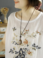 Women Summer Vintage Flower Embroidery Loose Ramie Vest