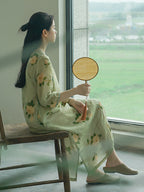 Women Vintage Artsy Flower Print Button Linen Robe Dress