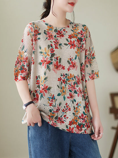 Women Summer Vintage Floral Loose Knitted Shirt