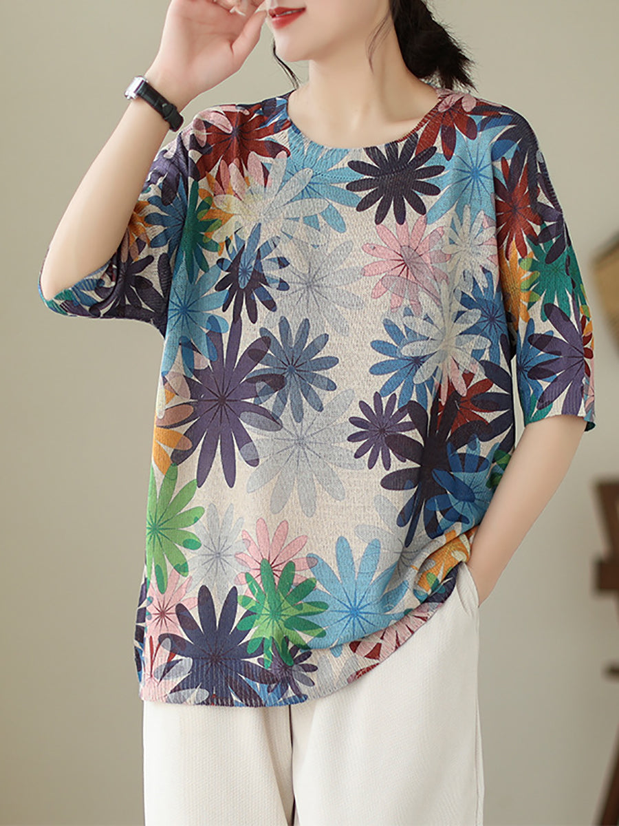 Women Summer Casual Floral Loose Knitted Shirt