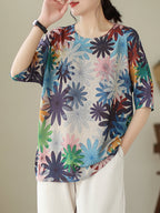 Women Summer Casual Floral Loose Knitted Shirt