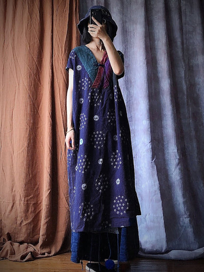 Women Summer Batik Spliced Button V-Neck Dress