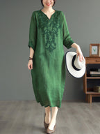 Women Summer Ethnic Embroidery Loose Ramie Dress(2 Pieces)