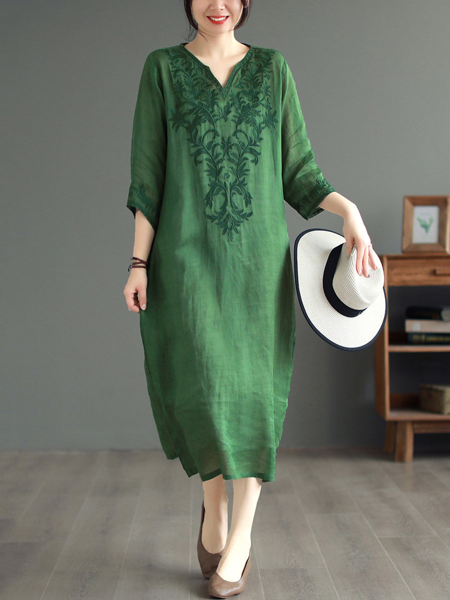 Women Summer Ethnic Embroidery Loose Ramie Dress(2 Pieces)