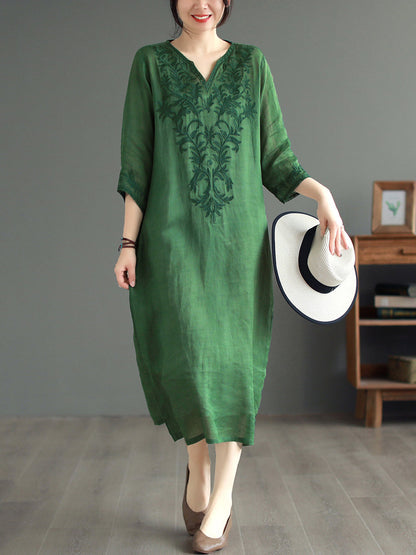 Women Summer Ethnic Embroidery Loose Ramie Dress(2 Pieces)