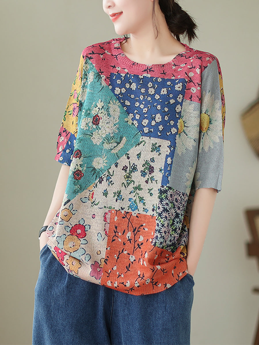 Women Summer Vintage Floral Patch Spliced Pullover Shirt