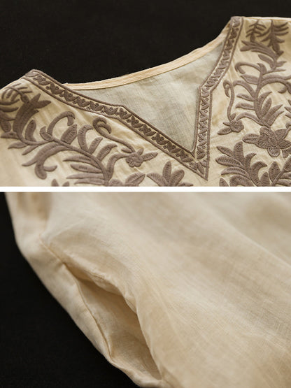 Women Summer Ethnic Embroidery Loose Ramie Dress(2 Pieces)