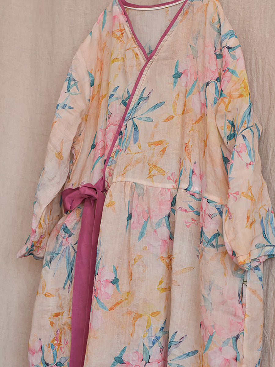 Women Vintage Flower Drwastring V-Neck Loose Ramie Dress